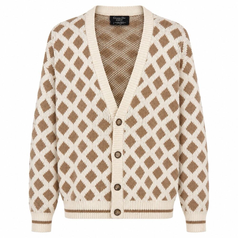 VTG Christian Dior Cream Brown Argyle Grandpa Cardigan 100% Cotton Made In USA M